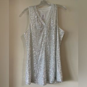 Alpha Chick Silver Sequin Button V Neck Tank Top | Silver | Large